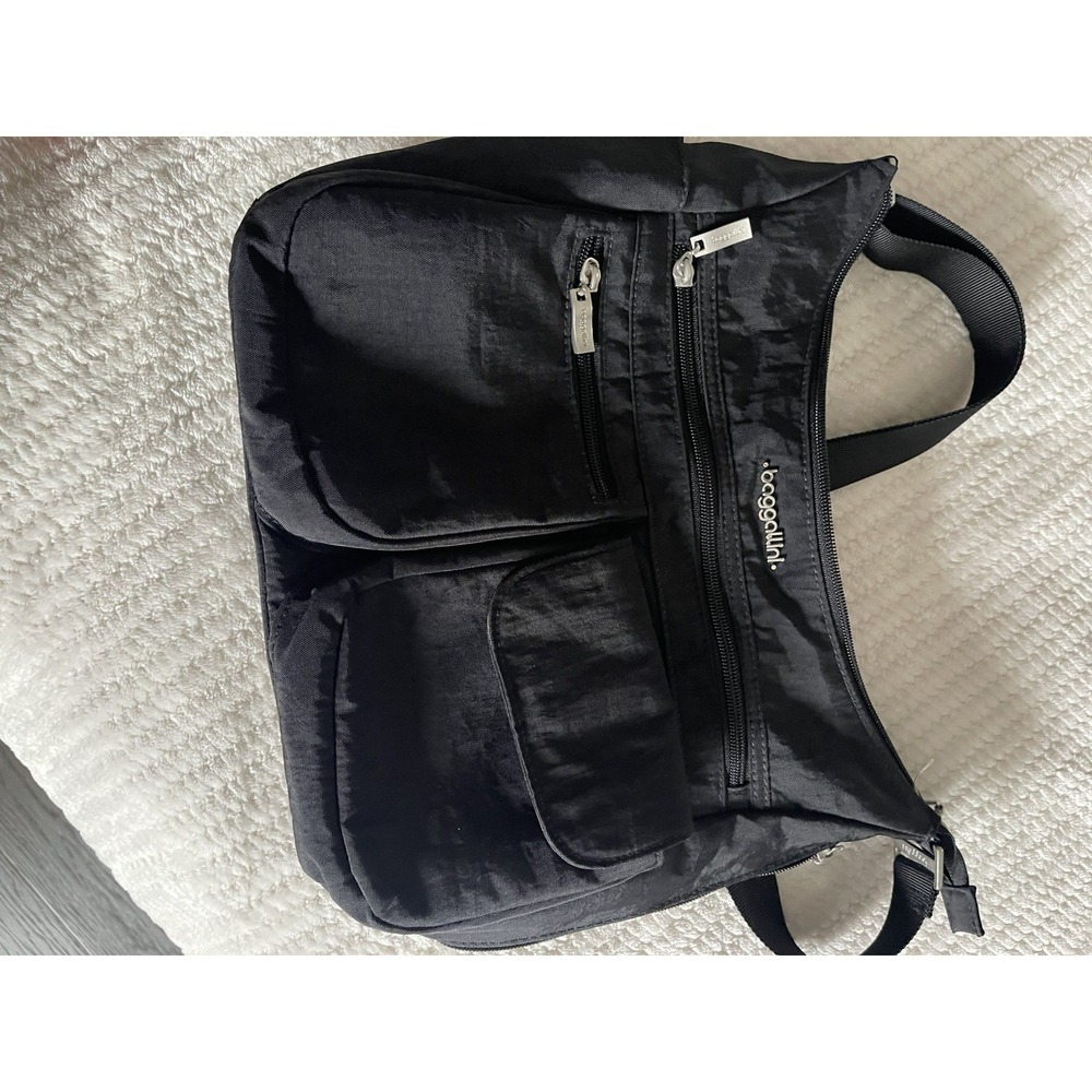 Baggallini Everyplace Crossbody Black Nylon Travel Purse Shoulder Bag Gray Line